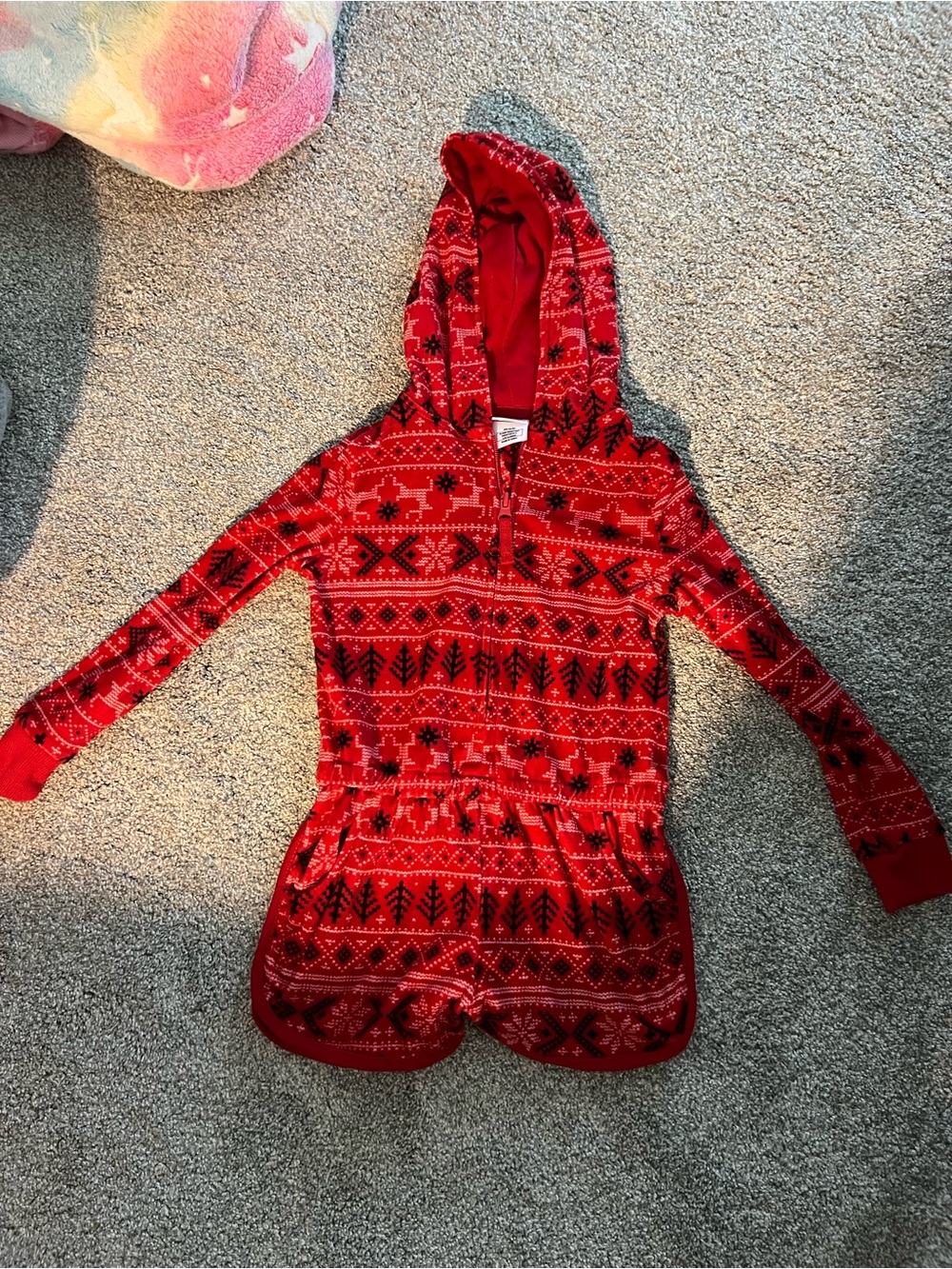 Girls' Red Hooded Holiday Romper - Festive Knit Print
